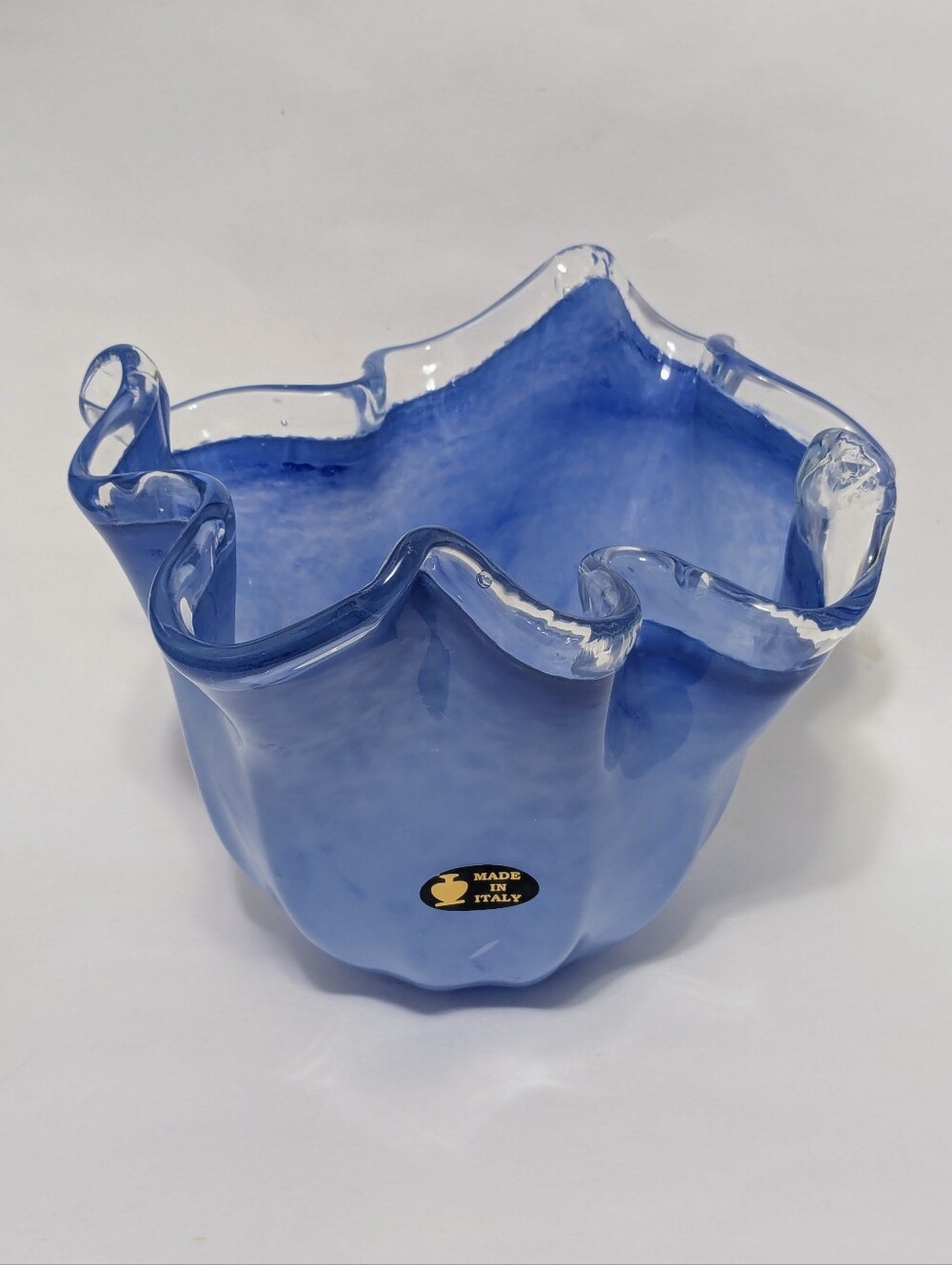 Murano Blue Large Ruffled Wave Art Glass Bowl Handmade Italy